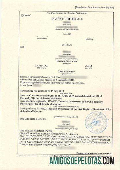 Departamento de Registro Civil da Rússia da Certidão de Divórcio de Moscou modelo